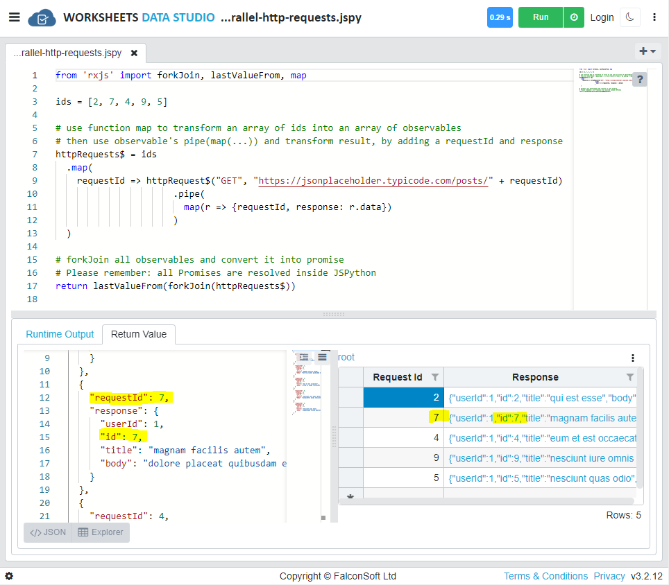 Execution result in WORKSHEETS Data Studio